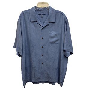 Tommy Bahama Men Silk Camp Shirt Button Short Sleeve Pocket Leaf Blue XL 26X31”